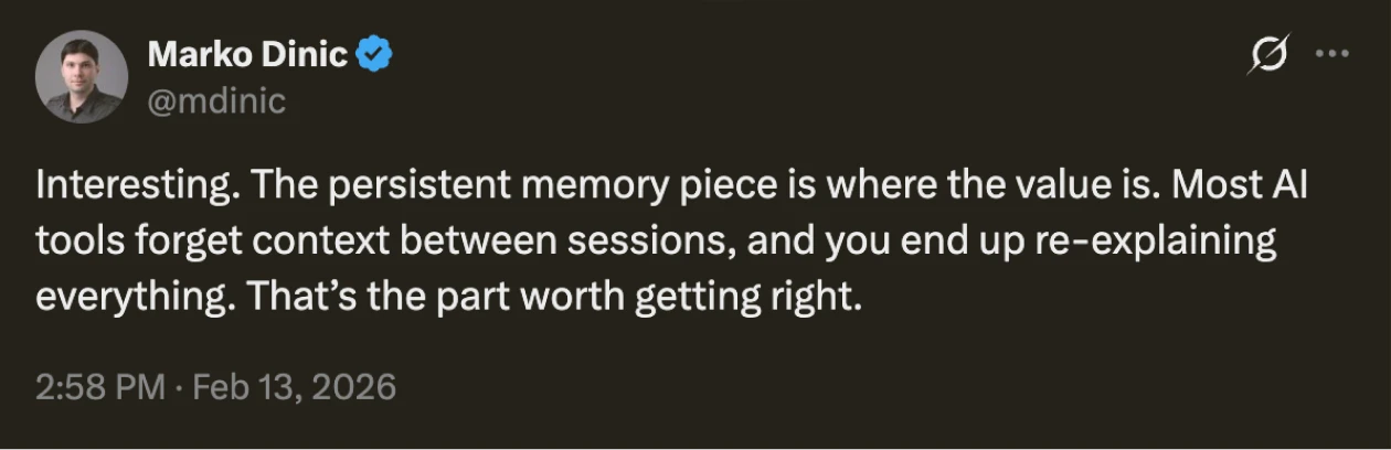 Tweet by Marko Dinic about Viktor's persistent memory feature