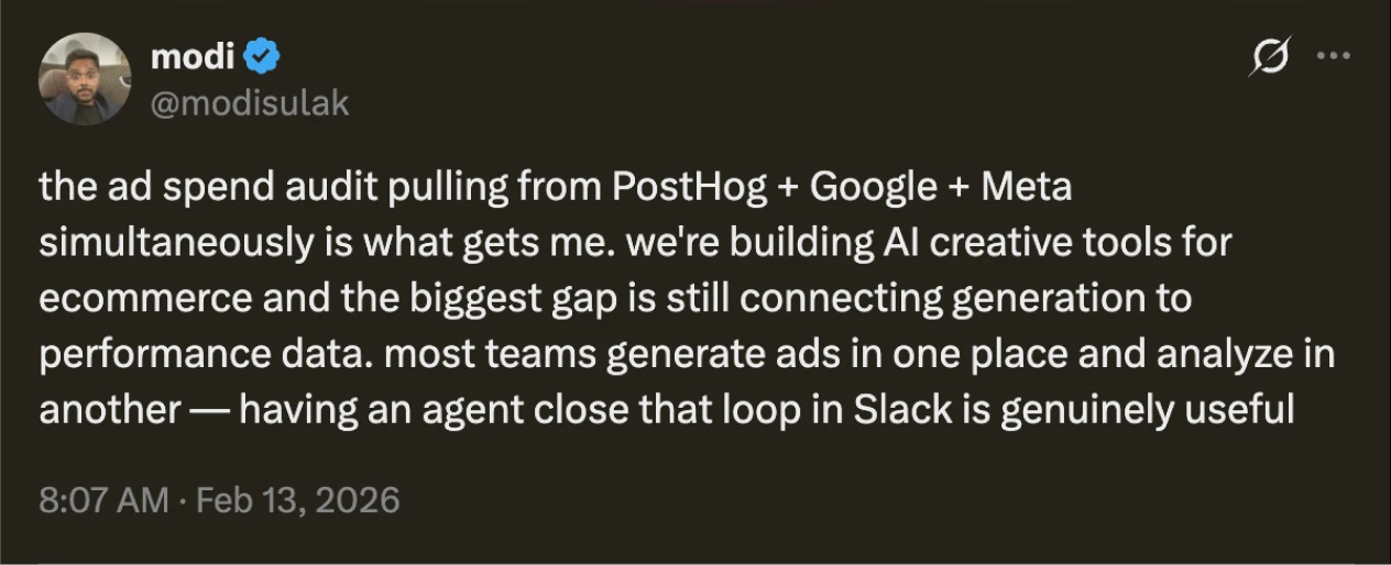 Tweet by modi about Viktor's ad spend audit capabilities