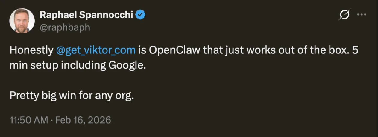 Tweet by Raphael Spannocchi about Viktor working out of the box